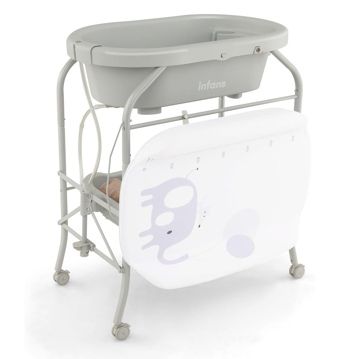 Cambiador com Banheira para Fraldas Dobrável e Portátil com Bandeja de Armazenamento e 4 Rodas Universais com Travões Capacidade 35 kg Cinzento