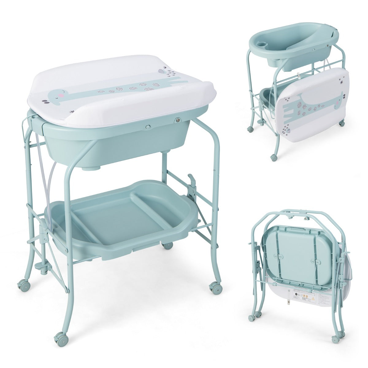 Cambiador de Bebés com Banheira Estação Portátil de Fraldas Dobrável Almofada PVC Bandeja de Armazenamento com 4 Rodas Universais Azul