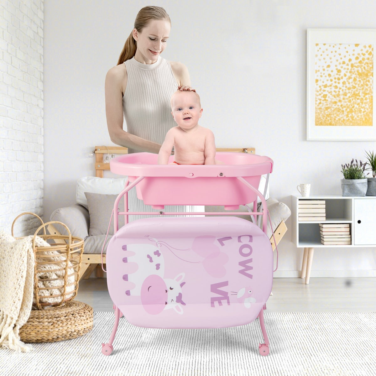 Cambiador de Bebés com Banheira Estação Portátil de Fraldas Dobrável Almofada PVC Bandeja de Armazenamento com 4 Rodas Universais Cor-de-Rosa