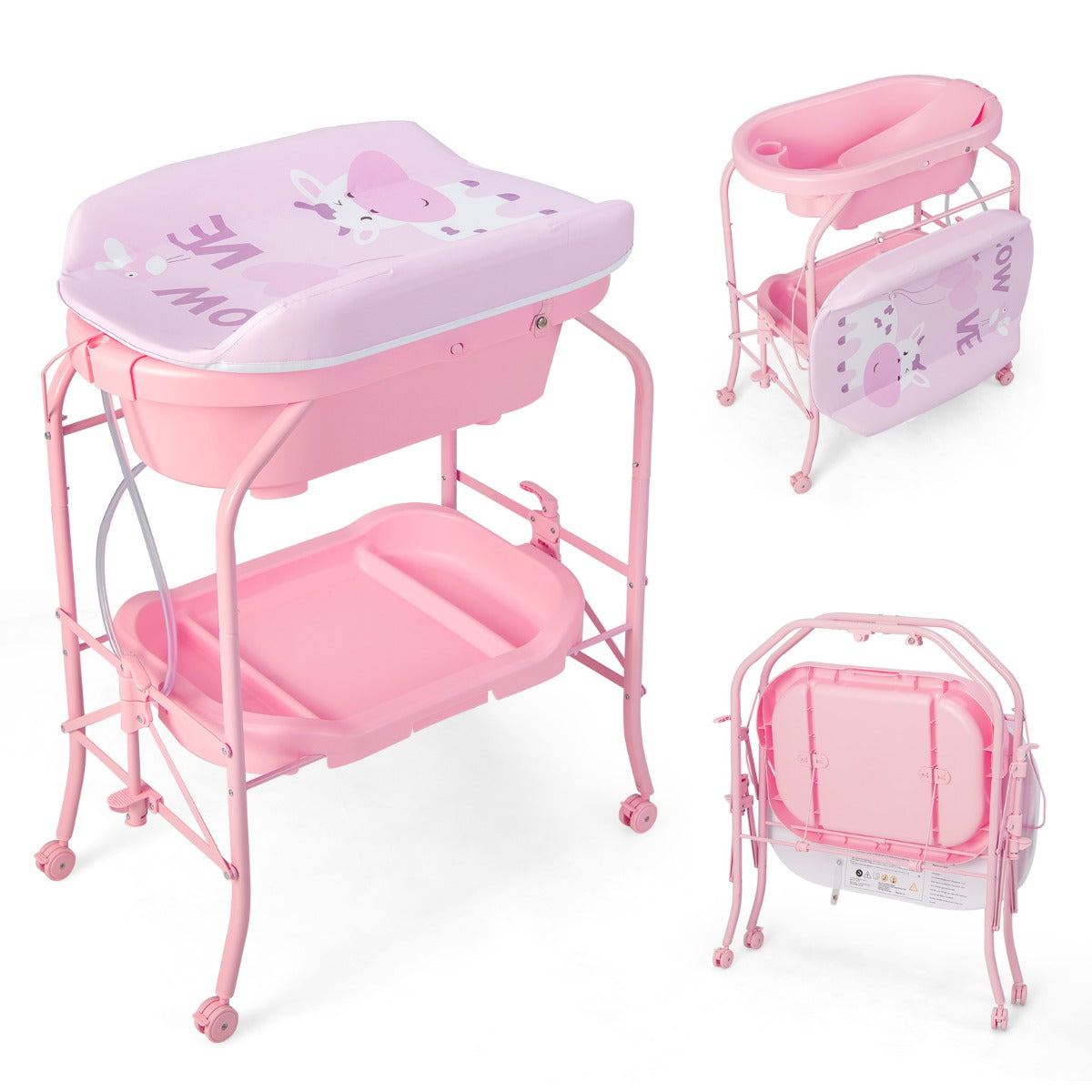 Cambiador de Bebés com Banheira Estação Portátil de Fraldas Dobrável Almofada PVC Bandeja de Armazenamento com 4 Rodas Universais Cor-de-Rosa