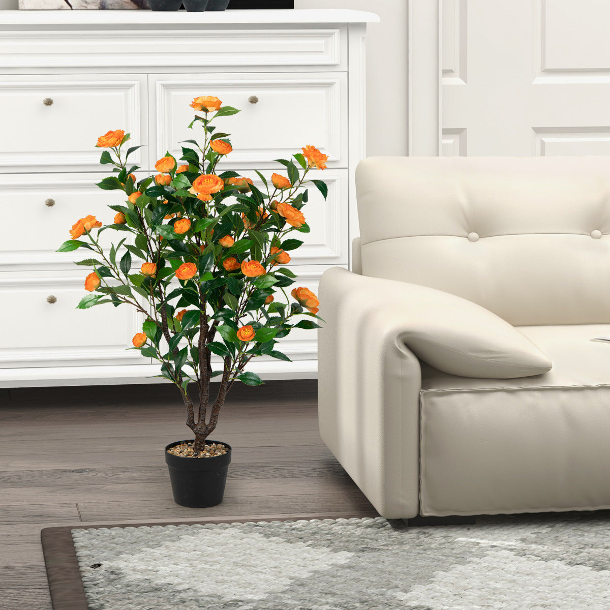 Planta Artificial Camélia Artificial de Imitação com 37 Flores Amarelas Tronco Natural com Vaso de Cimento Pedrinhas para Decoração Casa Loja Escritório