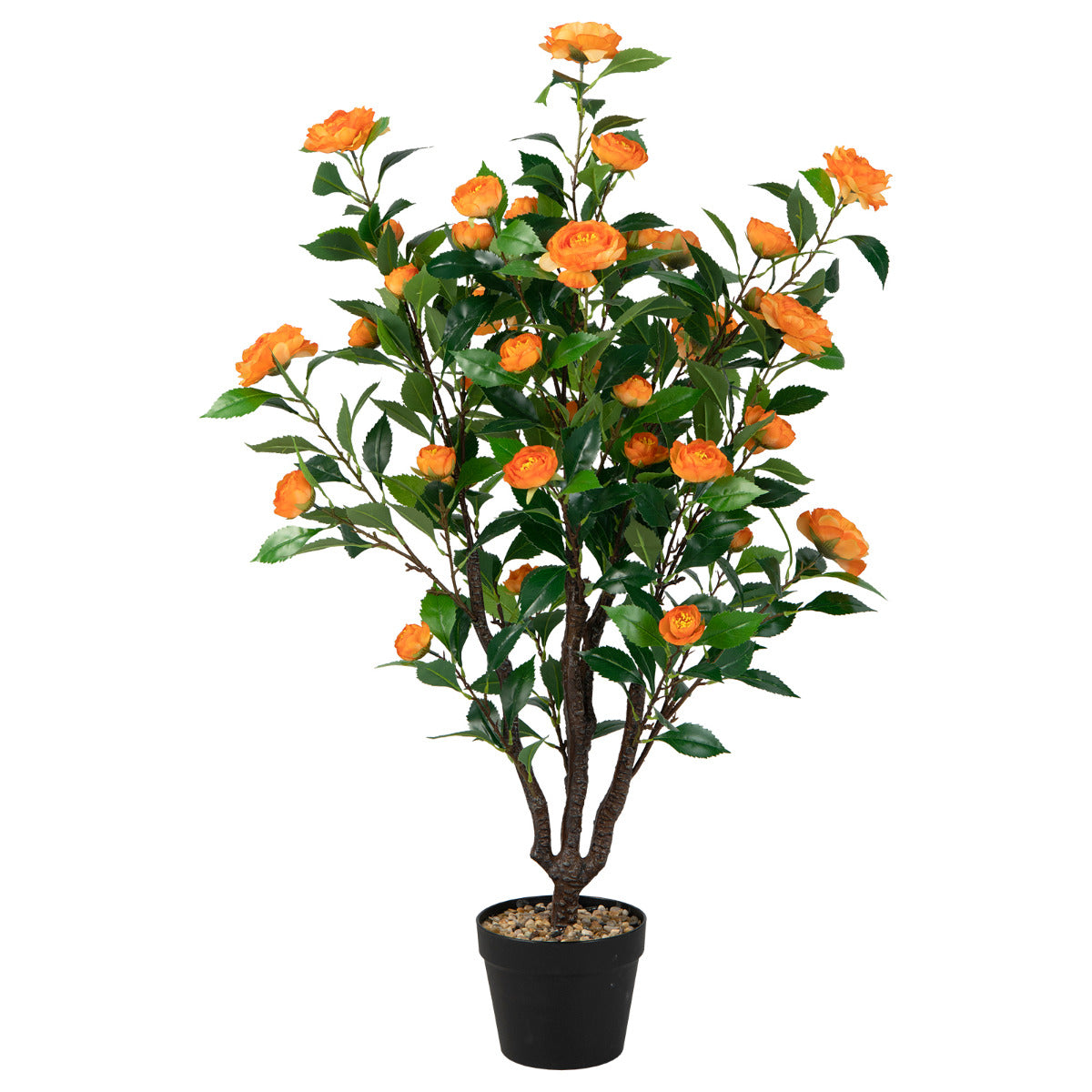 Planta Artificial Camélia Artificial de Imitação com 37 Flores Amarelas Tronco Natural com Vaso de Cimento Pedrinhas para Decoração Casa Loja Escritório
