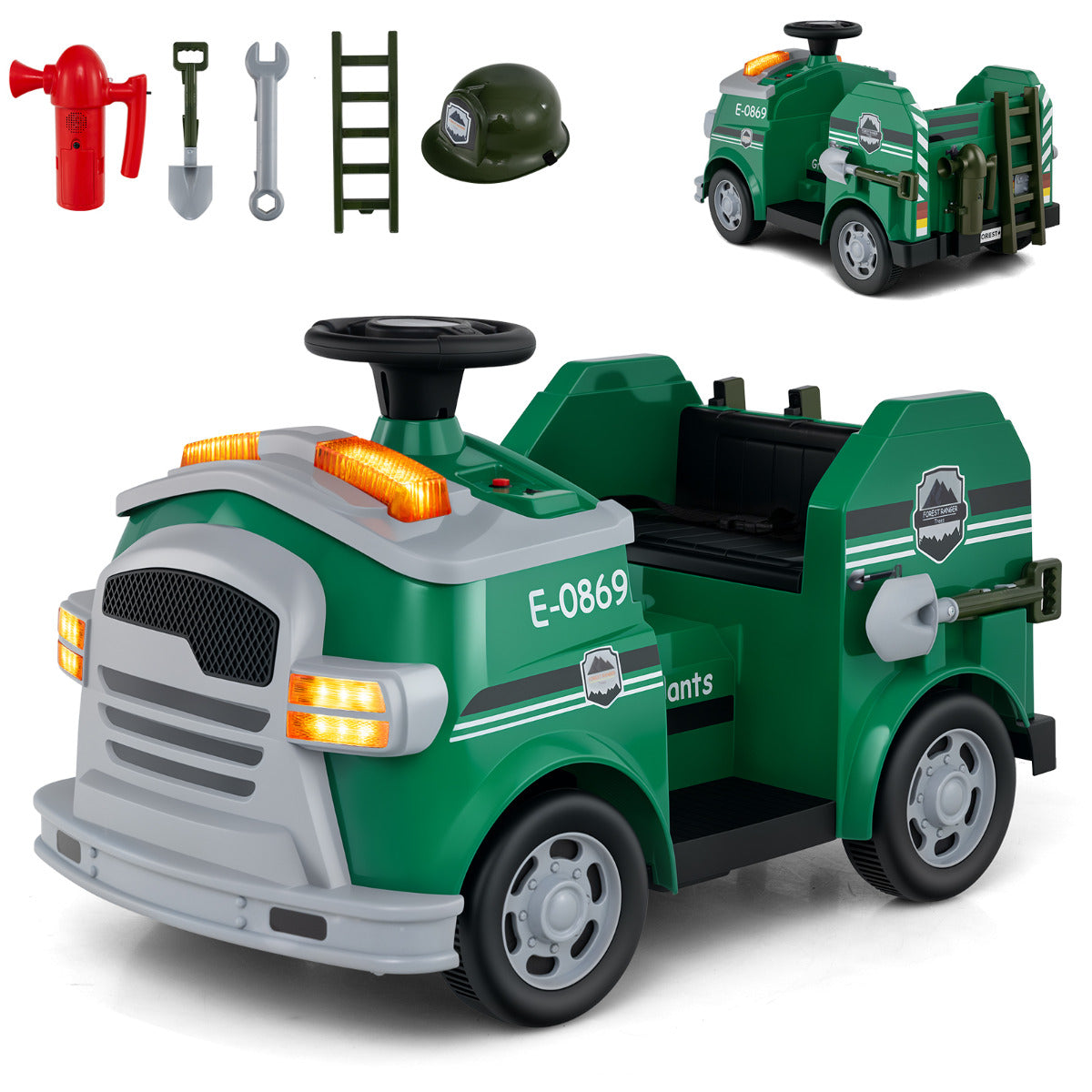 Camião de Bombeiros Elétrico para Crianças 12V Carro de Brinquedo com Pá e Chave Extintor Escada Capacete de Segurança 4 Rodas Música-Verde