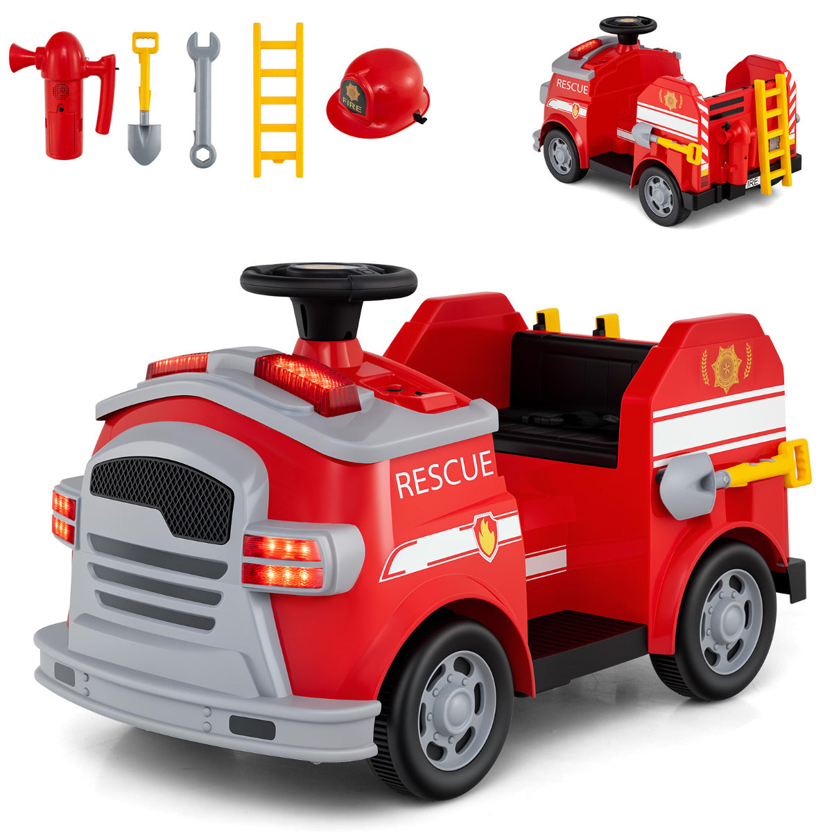 Camião de Bombeiros Elétrico para Crianças 12V Carro de Brincar com Pá e Chave Extintor Escada Capacete de Segurança 4 Rodas Música-Vermelho