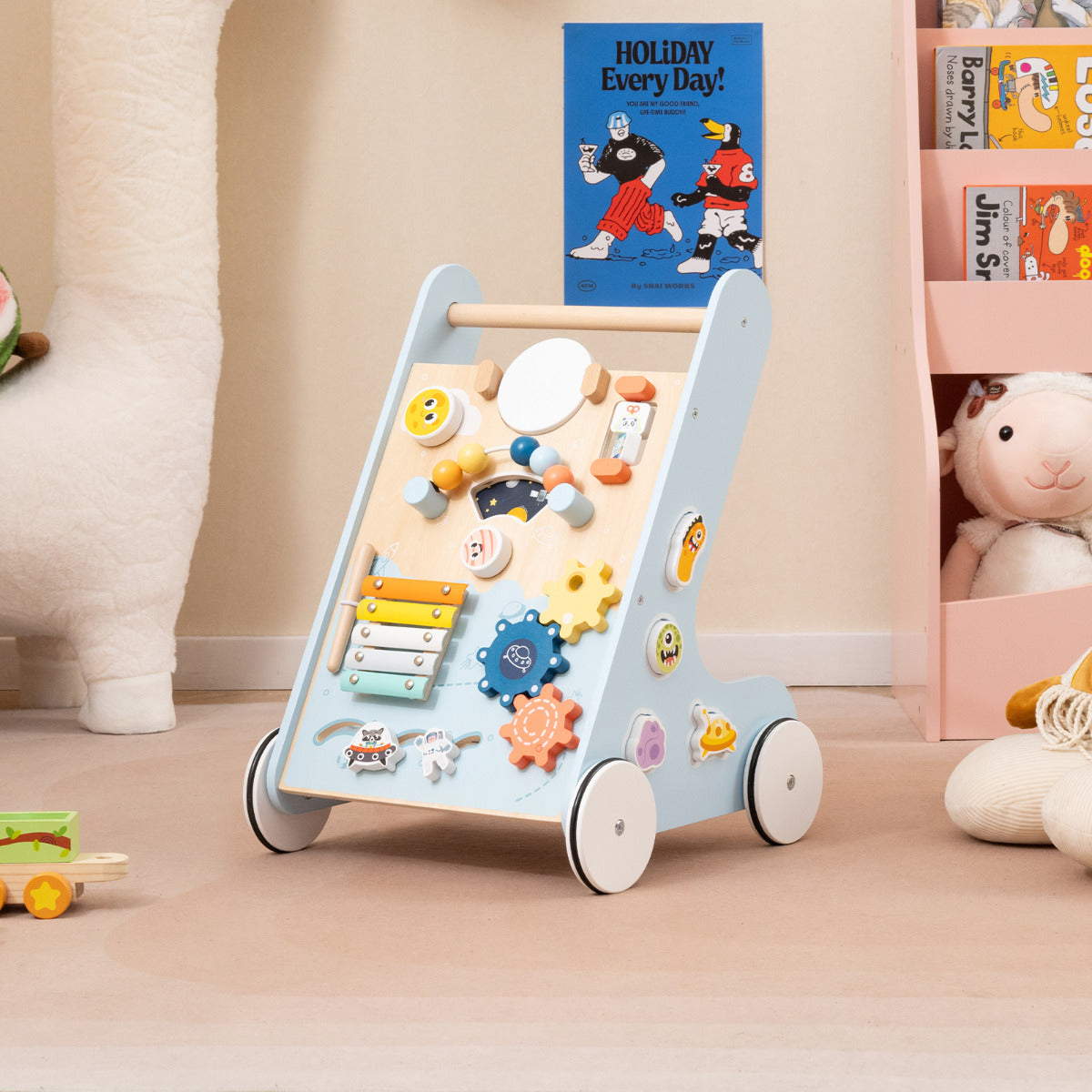 Caminhante de Madeira para Bebé Centro de Atividades de Aprendizagem Empurrar e Puxar Brinquedo Montessori com Rodas Brinquedo Empurrar Azul