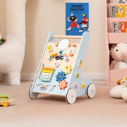 Caminhante de Madeira para Bebé Centro de Atividades de Aprendizagem Empurrar e Puxar Brinquedo Montessori com Rodas Brinquedo Empurrar Azul