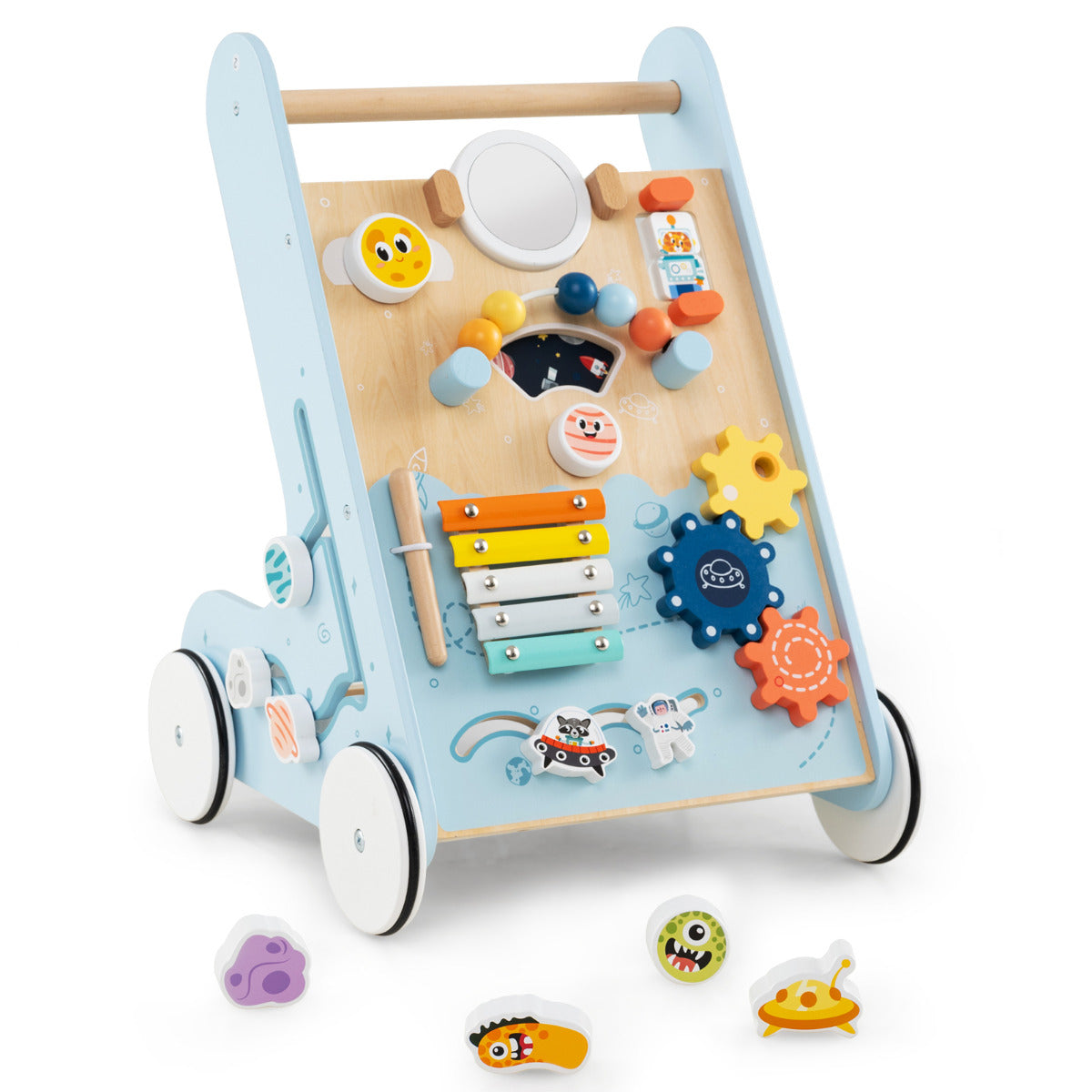 Caminhante de Madeira para Bebé Centro de Atividades de Aprendizagem Empurrar e Puxar Brinquedo Montessori com Rodas Brinquedo Empurrar Azul