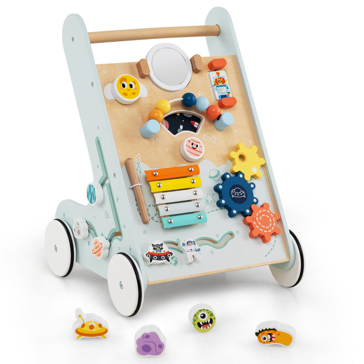 Andador de Madeira para Bebé Centro de Atividades de Aprendizagem de Empurrar e Puxar Brinquedo Montessori com Rodas Brinquedo de Empurrar Verde