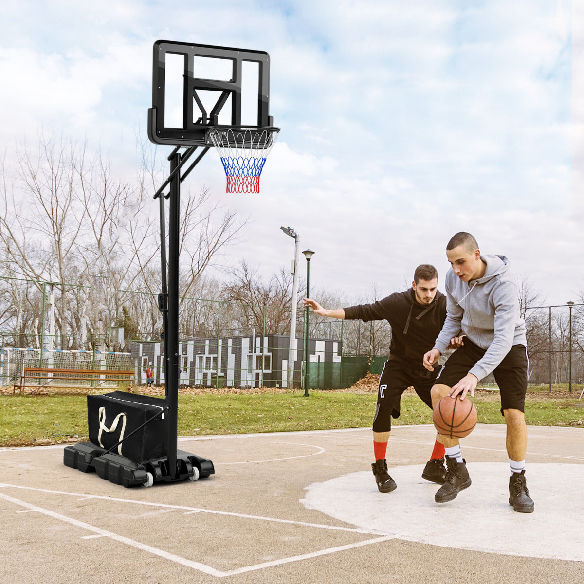 Canasta de Basquetebol Altura Ajustável 245cm-305cm Aro de Basquetebol Portátil com Rodas Base Recarregável para Interior Exterior