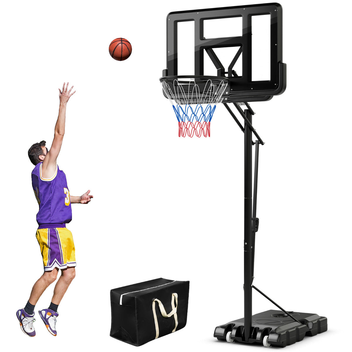 Canasta de Basquetebol Altura Ajustável 245cm-305cm Aro de Basquetebol Portátil com Rodas Base Recarregável para Interior Exterior