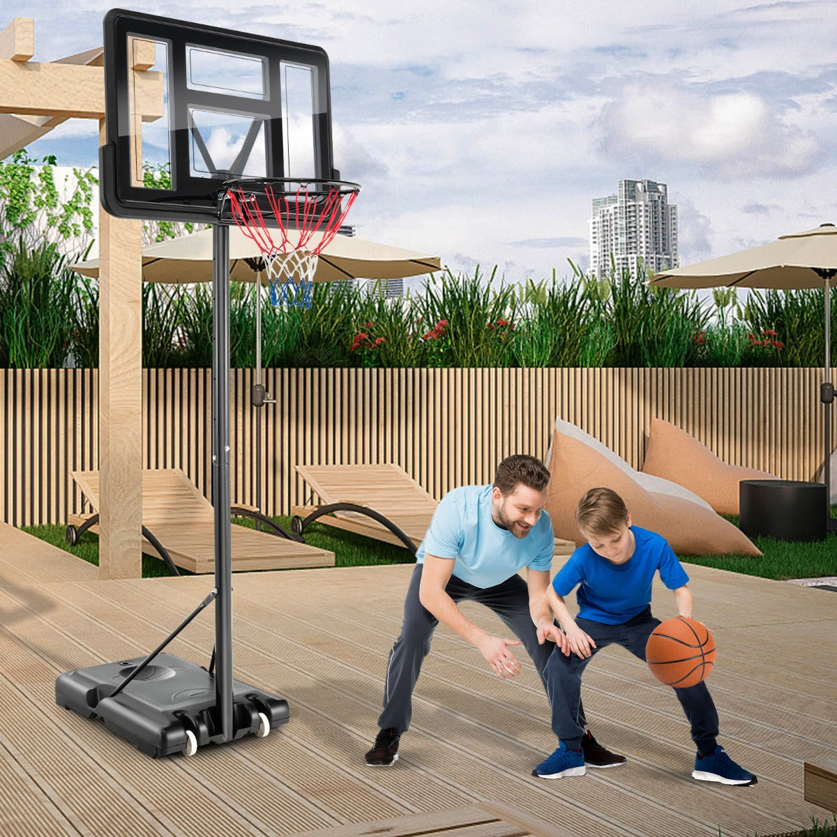 Canasta de Basquetebol Ajustável em Altura 1,3-3,05m com Rodas e Base Preenchível 2 Redes para Crianças e Adultos Preto