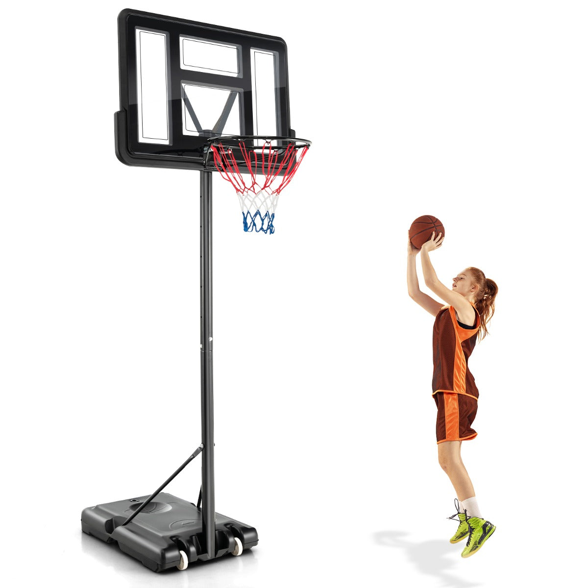Canasta de Basquetebol Ajustável em Altura 1,3-3,05m com Rodas e Base Preenchível 2 Redes para Crianças e Adultos Preto