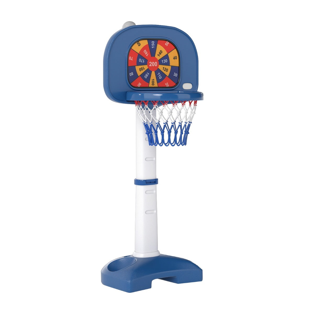 Centro de Atividades Desportivas 4 em 1 para Crianças Cesto de Basquetebol Ajustável para Crianças Pequenas com Jogo de Anéis Bola Pegajosa Branca e Azul