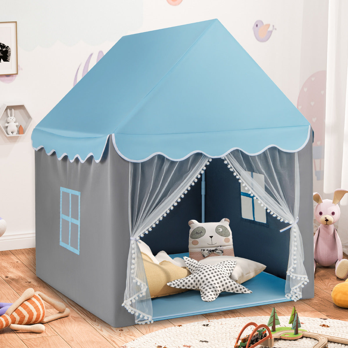 Carpa para Crianças com Almofada Lavável, Carpa Tipi Castelo de Fadas, Tenda para Casa com Luzes e Janelas 105 x 121 x 136 cm Azul