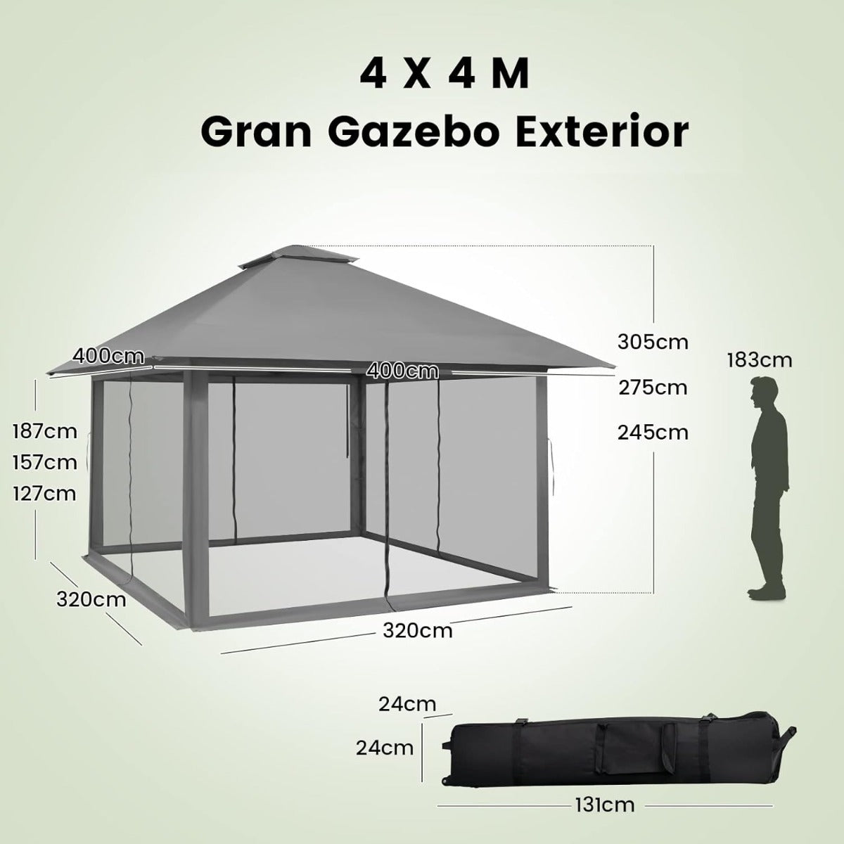 Gazebo Dobrável – 4 x 4 m – Cinzento – Tecido Oxford