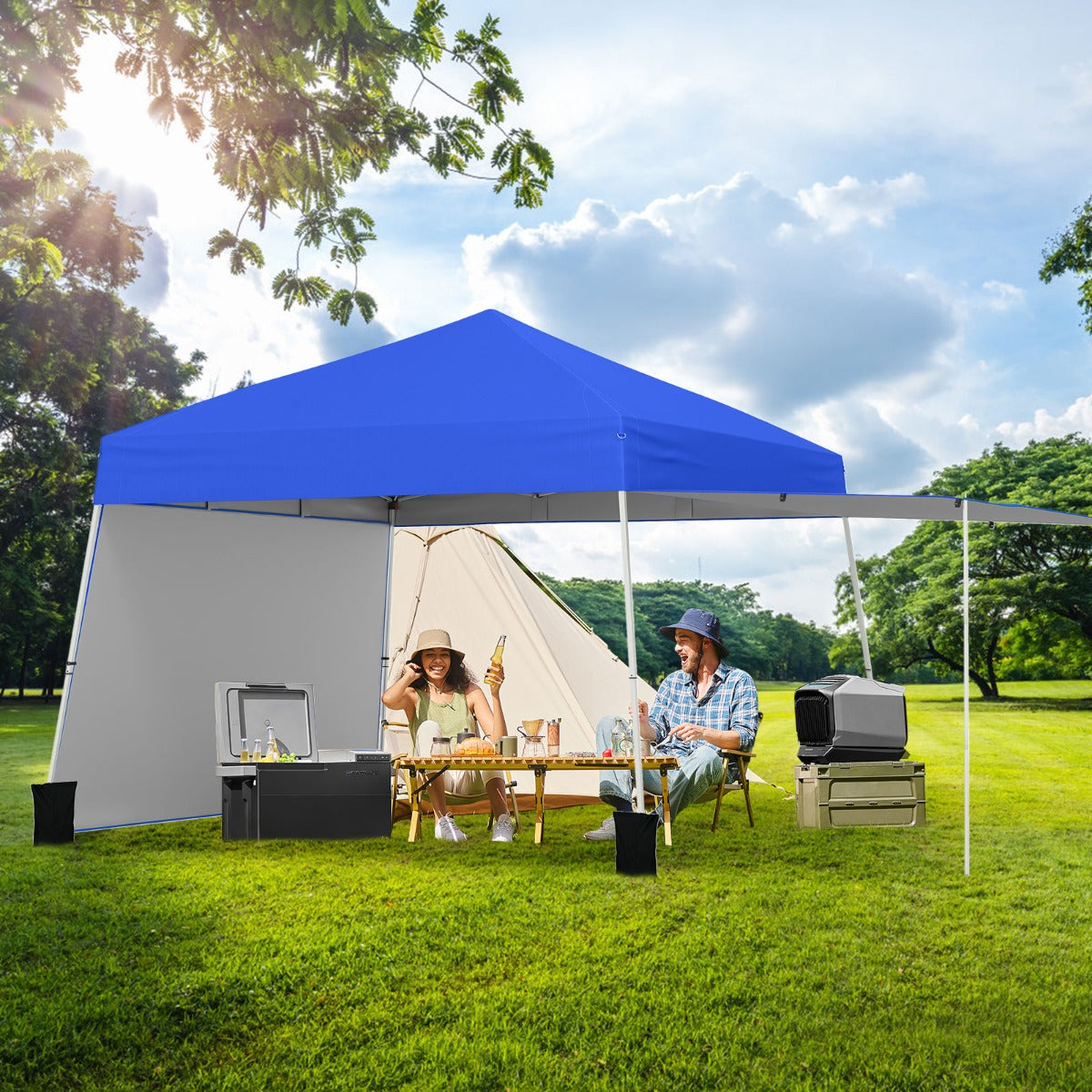 Gazebo Emergente com 2 Paredes Laterais Convertíveis 2 Alturas Ajustáveis Bolsa de Transporte 8 Estacas 4 Cordas 430 x 280 cm Azul
