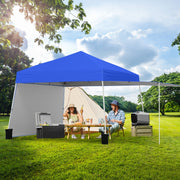 Gazebo Emergente com 2 Paredes Laterais Convertíveis 2 Alturas Ajustáveis Bolsa de Transporte 8 Estacas 4 Cordas 430 x 280 cm Azul