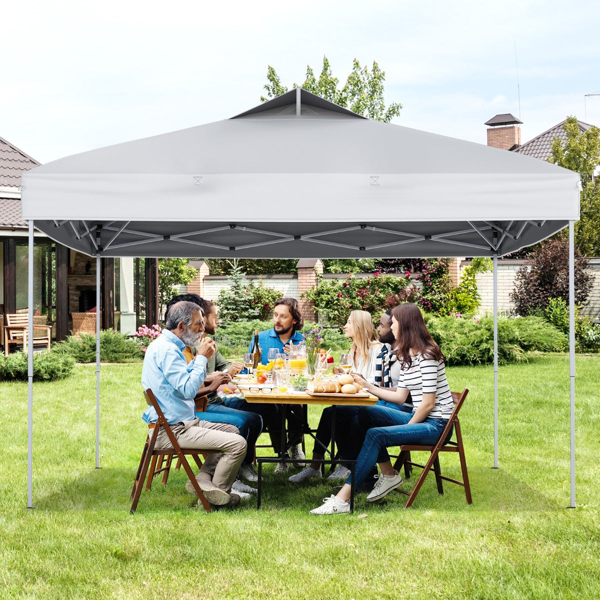 Tenda de Jardim Dobrável com Bolsa de Transporte Cordas de Vento e Estacas Teto Ventilado para Festas 295 x 295 cm Branco