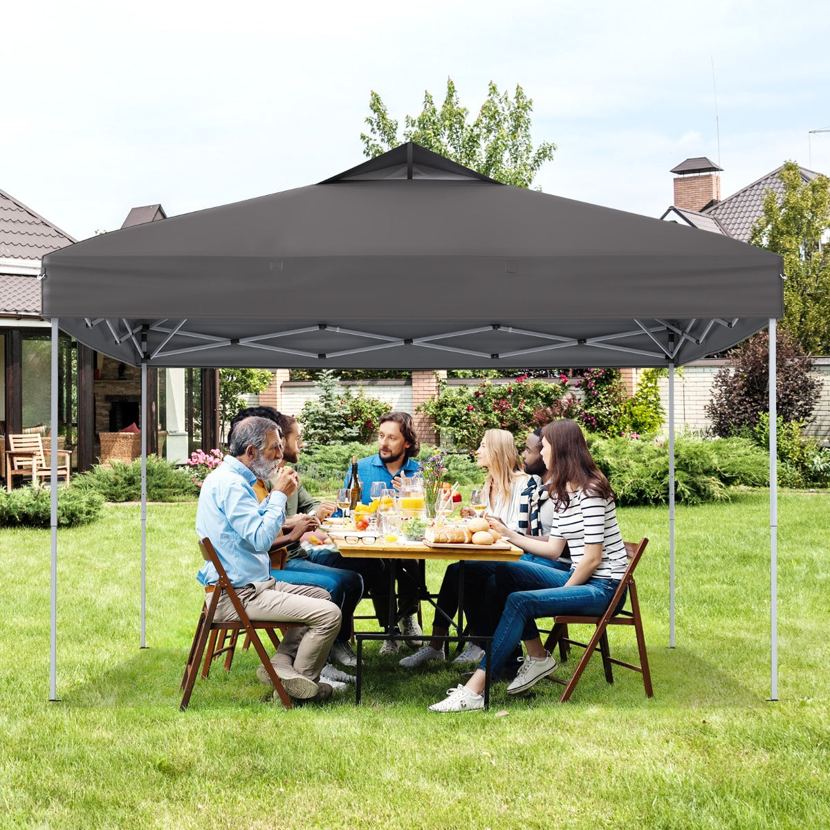 Gazebo Dobrável para Jardim com Bolsa de Transporte Cordas de Vento e Estacas Teto Ventilado para Festas 295 x 295 cm Cinzento