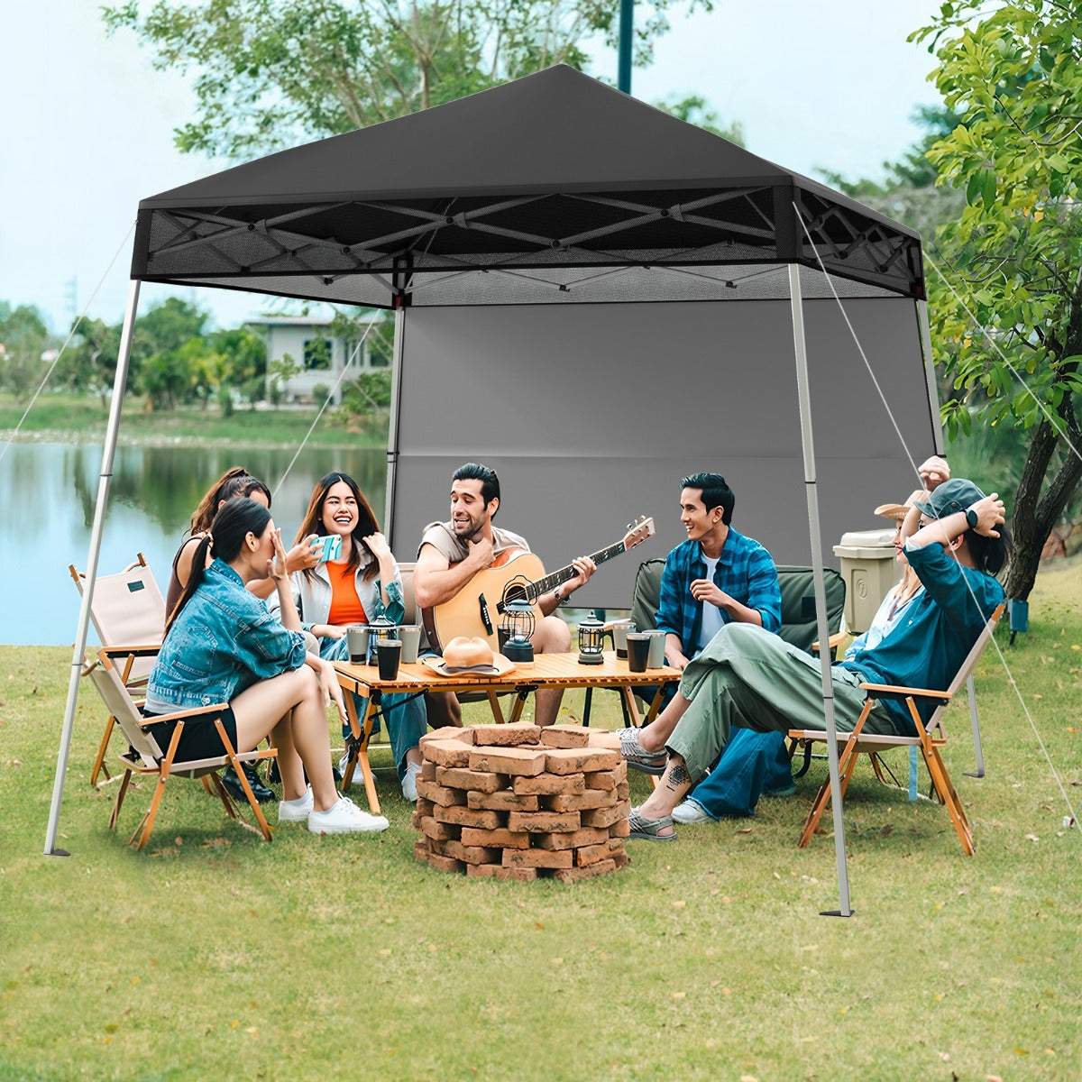 Carpa Plegável 182 x 182 cm com 1 Pared Lateral - Refúgio Exterior Fácil de Montar - 4 Estacas - Preto