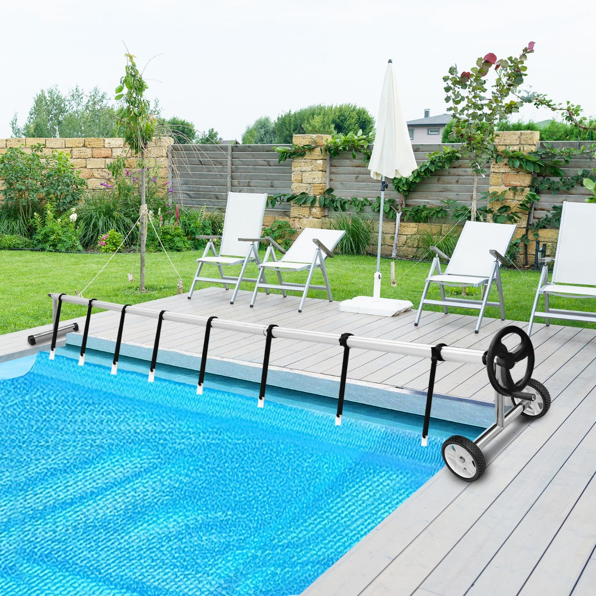 Carrete de Cobertura Solar Ajustável Até 7m com Rodas de Borracha para Piscinas Elevadas e Enterradas