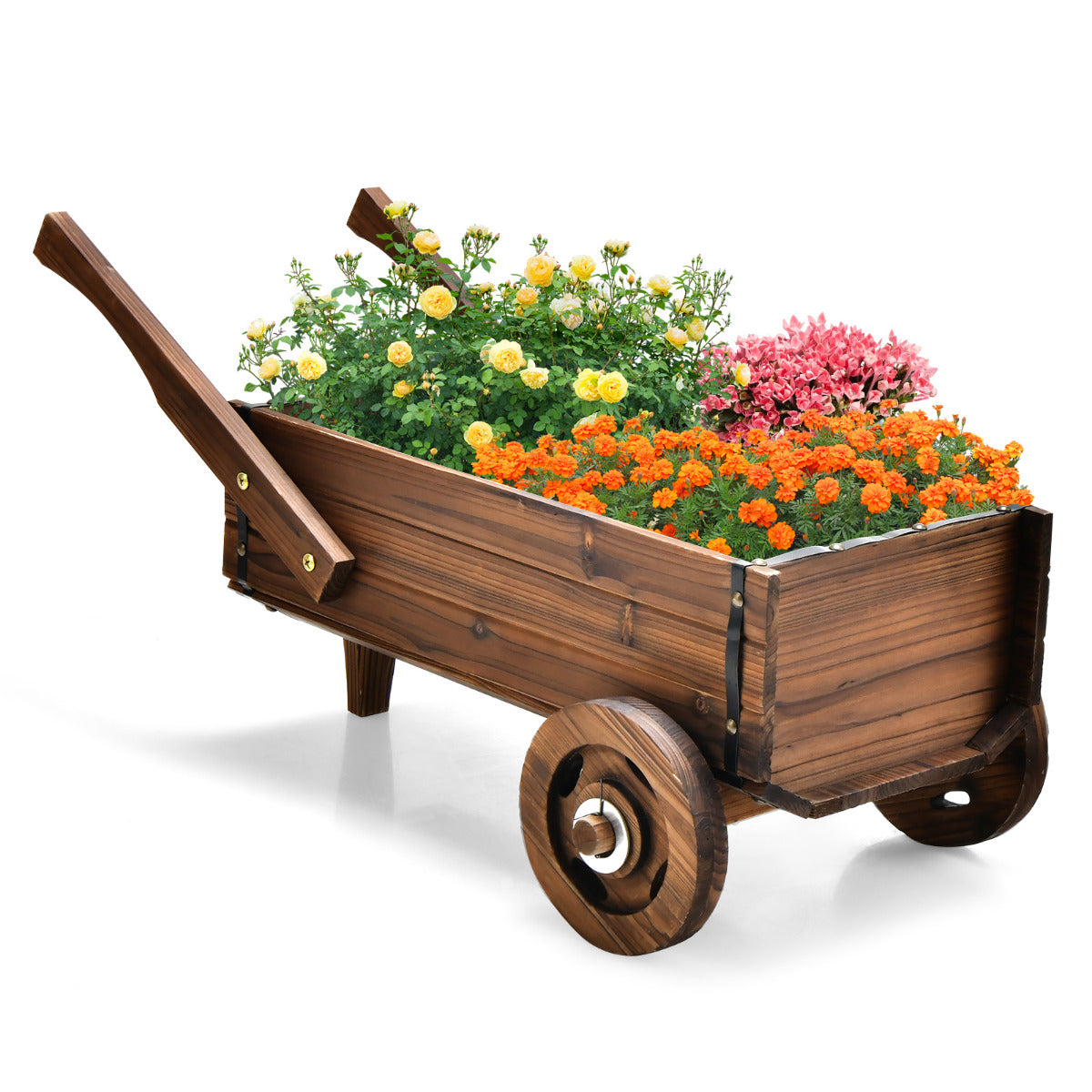 Carro de Jardim em Madeira para Flores com Rodas e Orifício de Drenagem - Marrão