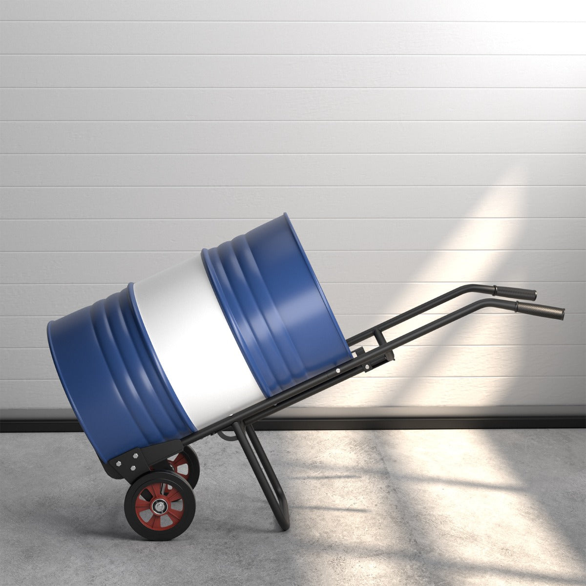 Carro de Mão para Tambores com 2 Rodas de Borracha, Pegas de EVA e Mola para Fixação de Tambores - Capacidade de Carga 545 kg - 57 x 49 x 155 cm - Preto