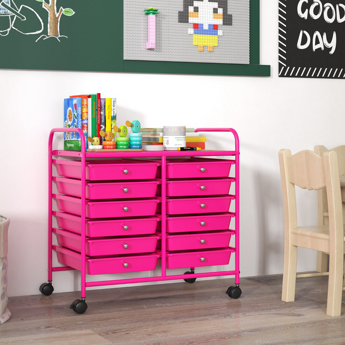 Carro de Arrumação com Rodas e 12 Gavetas Amovíveis Organizador com Pegas para Cozinha 64 x 38 x 62 cm Rosa Escuro