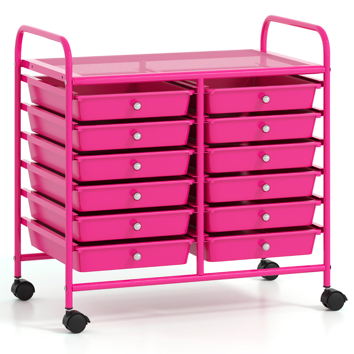 Carro de Arrumação com Rodas e 12 Gavetas Amovíveis Organizador com Pegas para Cozinha 64 x 38 x 62 cm Rosa Escuro