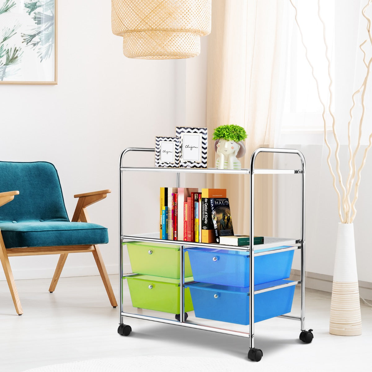 Carrinho Multiusos com Rodas Carrinho com 4 Gavetas e 2 Prateleiras para Casa de Banho ou Cozinha 58,5 x 37 x 75 cm Azul e Verde