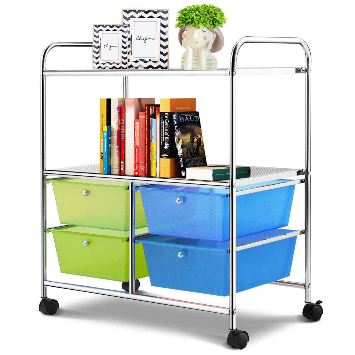 Carrinho Multiusos com Rodas Carrinho com 4 Gavetas e 2 Prateleiras para Casa de Banho ou Cozinha 58,5 x 37 x 75 cm Azul e Verde