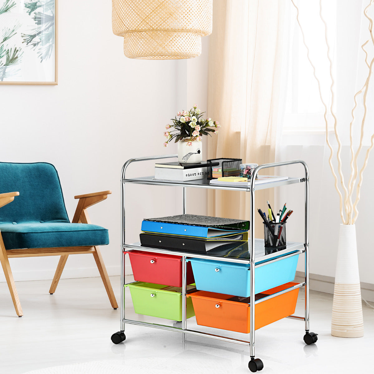 Carro Auxiliar com 4 Gavetas Empilháveis e 2 Prateleiras 4 Rodas Organizador para Cozinha Casa de Banho Escritório 58,5 x 37 x 75 cm Multicolor