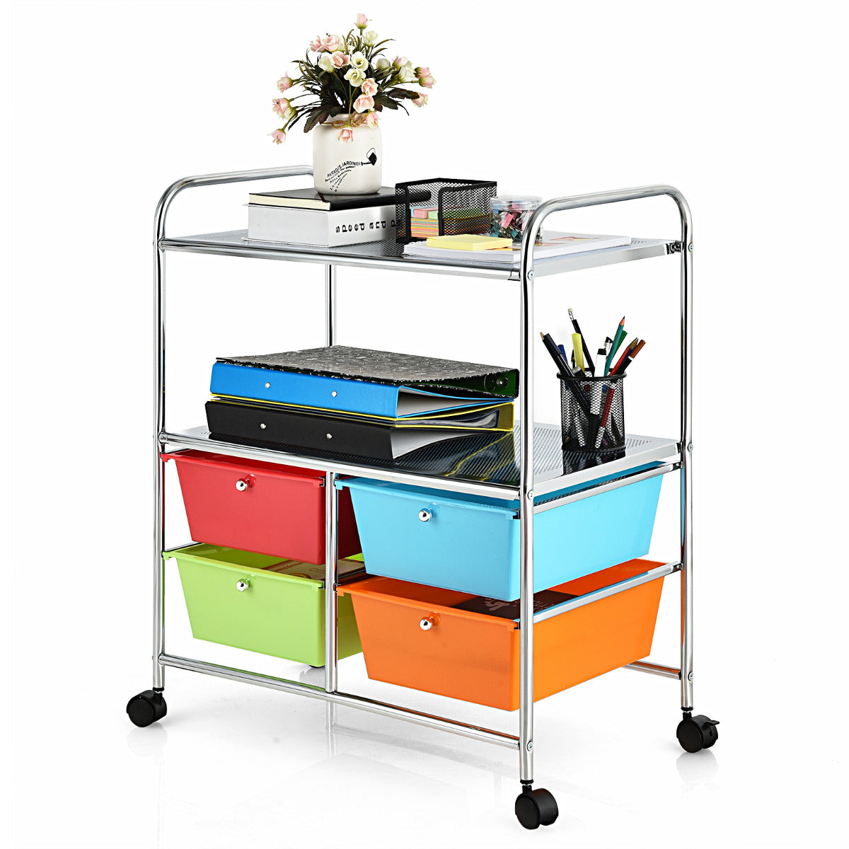 Carro Auxiliar com 4 Gavetas Empilháveis e 2 Prateleiras 4 Rodas Organizador para Cozinha Casa de Banho Escritório 58,5 x 37 x 75 cm Multicolor