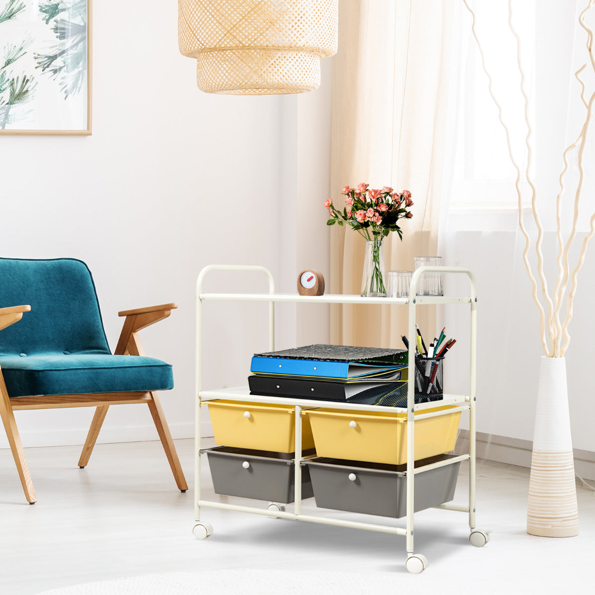 Carro Auxiliar com 4 Gavetas Empilháveis e 2 Prateleiras 4 Rodas Organizador para Cozinha Casa de Banho Escritório 58,5 x 37 x 75 cm Amarelo