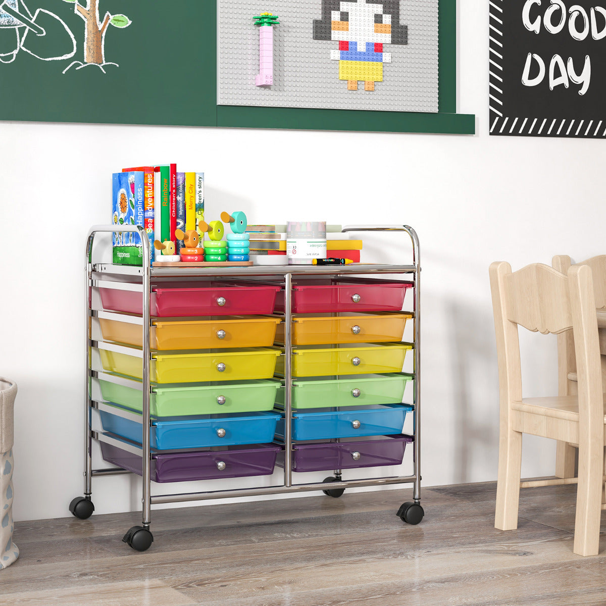 Carrinho Auxiliar com Rodas e 12 Gavetas Removíveis Organizador com Pegas para Cozinha 64 x 38 x 62 cm Multicolorido