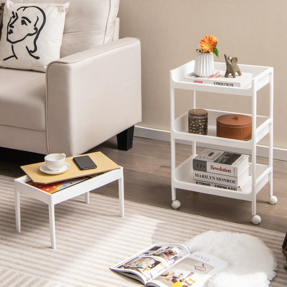 Carrinho Auxiliar – 40 x 26 x 84 cm – Branco – PP e MDF