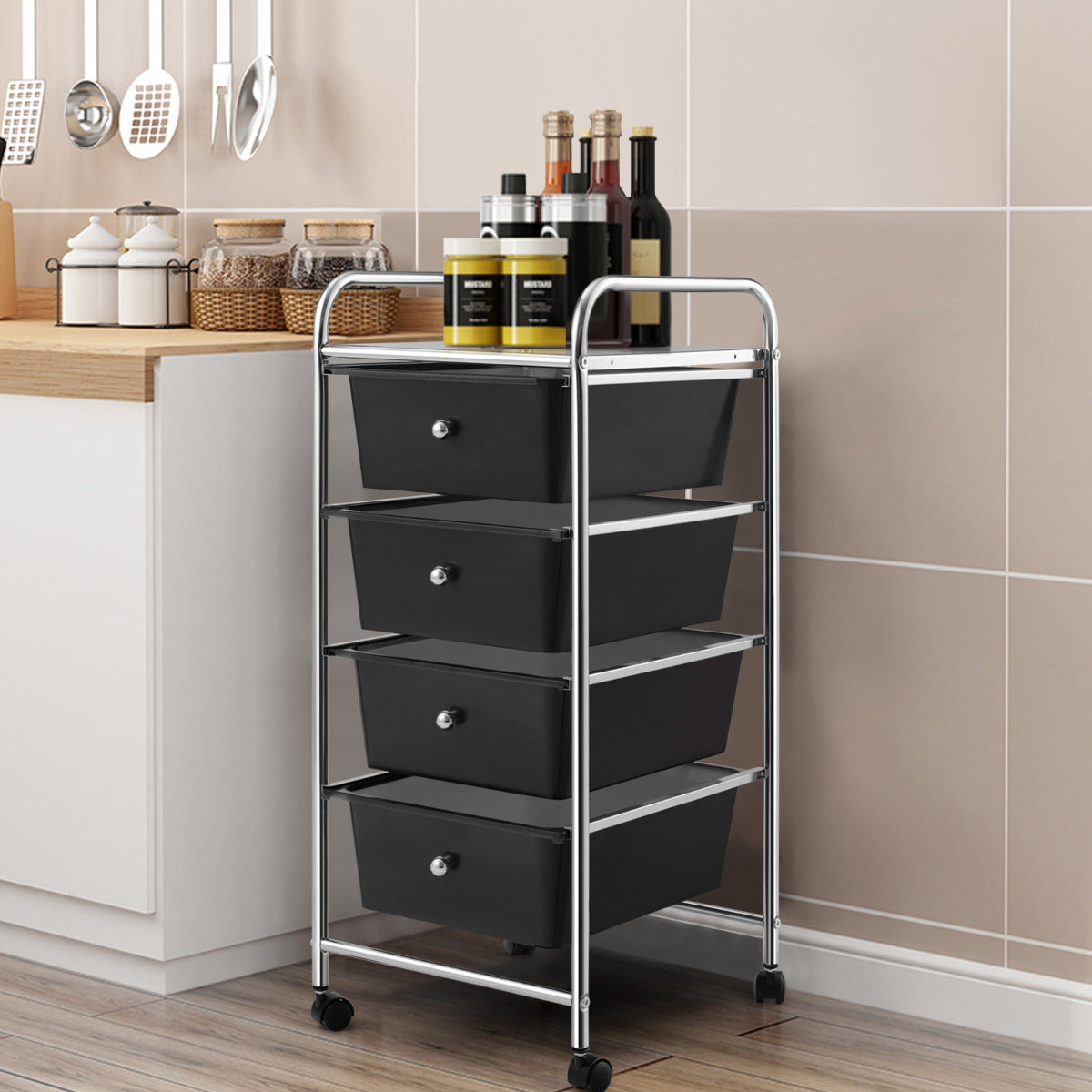 Carro de Arrumação Móvel com 4 Gavetas Rodas Carrinho Auxiliar Organizador para Casa Casa Escritório 37 x 32 x 76 cm Preto