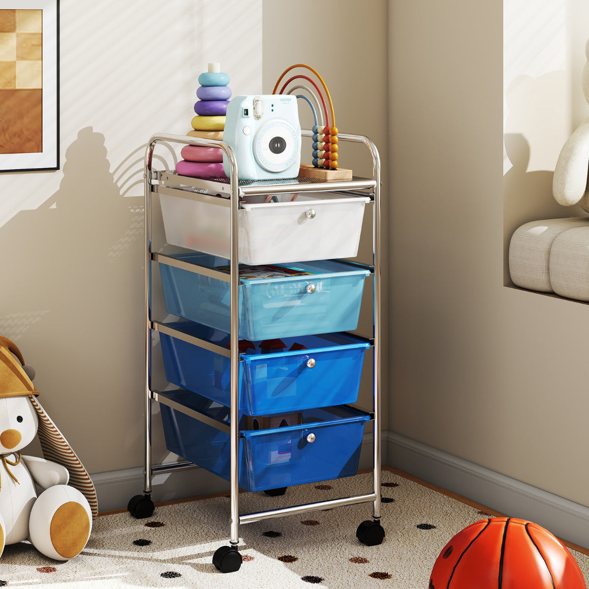 Carro de Arrumação Móvel com 4 Gavetas Rodas Carrinho Auxiliar Organizador para Casa Casa Escritório 37 x 32 x 76 cm Azul