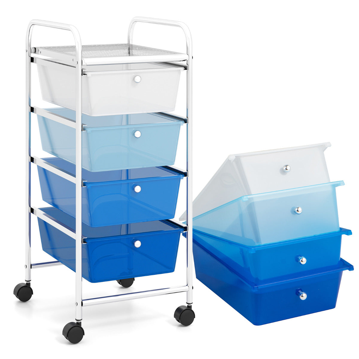 Carro de Arrumação Móvel com 4 Gavetas Rodas Carrinho Auxiliar Organizador para Casa Casa Escritório 37 x 32 x 76 cm Azul