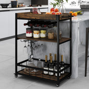 Carrinho de Bar Móvel com Bandeja Removível Suporte para Garrafas de Pinho e Porta-Copos Carrinho de Vinho de 3 Níveis Castanho