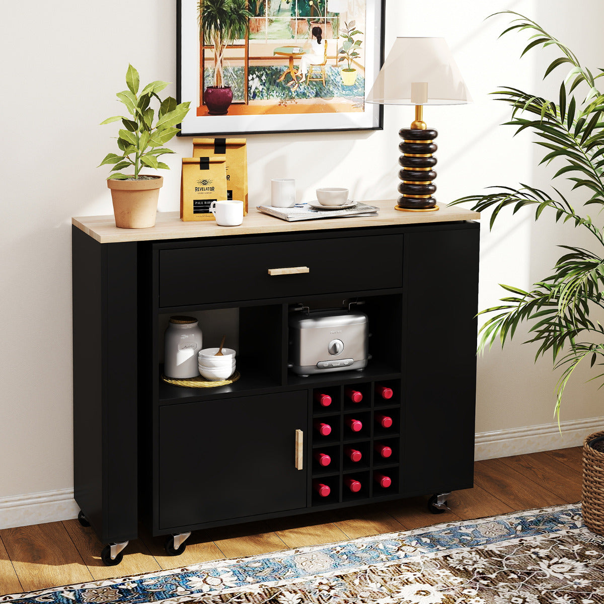 Carro de Cozinha de Serviço Móvel 2 em 1 com Tampo de Madeira Prateleira Porta-Garrafas Gaveta 120 x 40 x 100 cm Preto