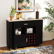 Carro de Cozinha de Serviço Móvel 2 em 1 com Tampo de Madeira Prateleira Porta-Garrafas Gaveta 120 x 40 x 100 cm Preto