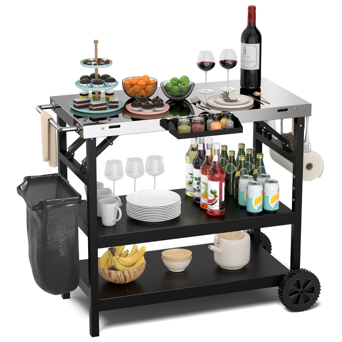 Carrito de Cozinha para Exterior com Prateleira Ajustável para Preparação de Comida 106 x 52 x 84cm Preto e Prateado