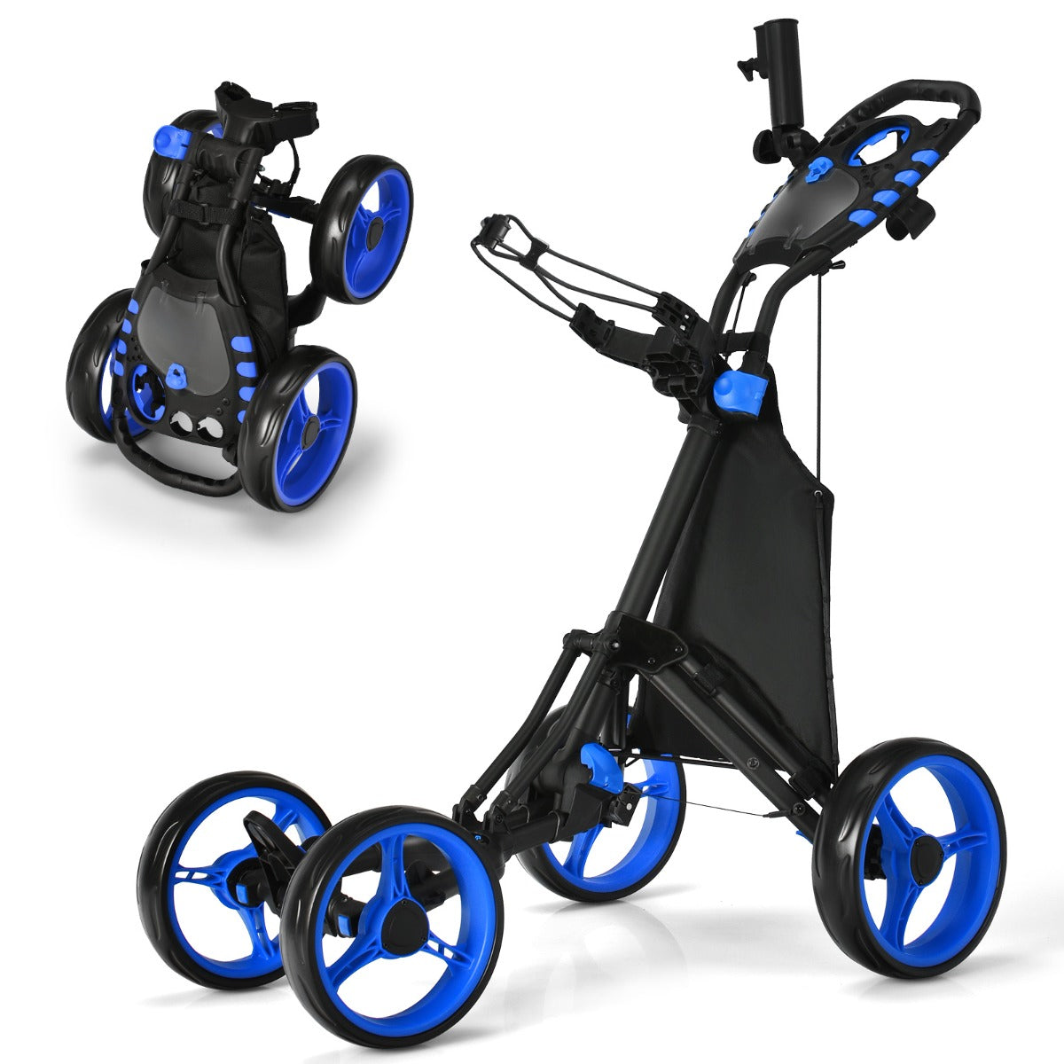 Carro de Golfe de Empurre Dobrável Leve de 4 Rodas com Bolsa Impermeável e Travão de Pé Suporte para Guarda-Chuva Ajustável e Suporte para Copo - Azul