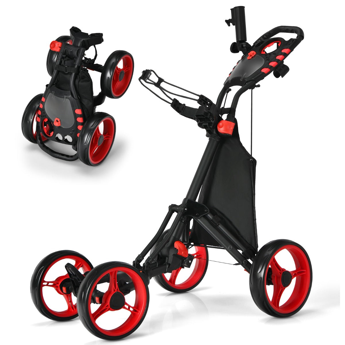 Carro de Golfe de Empurrar Dobrável Leve de 4 Rodas com Saco Impermeável e Travão de Pé Suporte para Guarda-Chuva Ajustável e Suporte para Copo - Vermelho