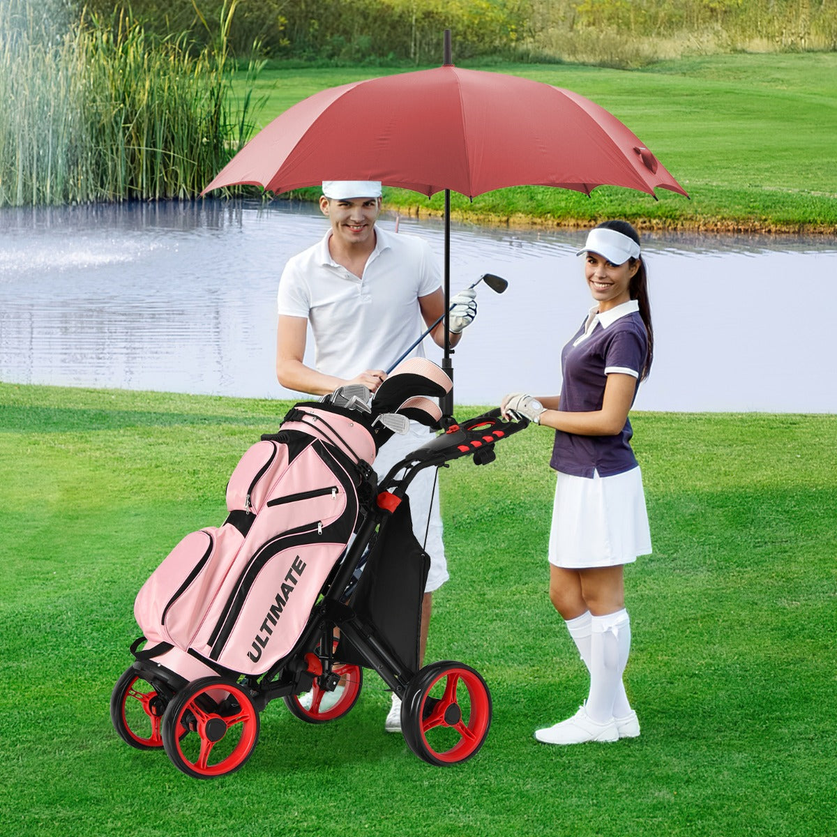 Carro de Golfe de Empurrar Dobrável Leve de 4 Rodas com Saco Impermeável e Travão de Pé Suporte para Guarda-Chuva Ajustável e Suporte para Copo - Vermelho