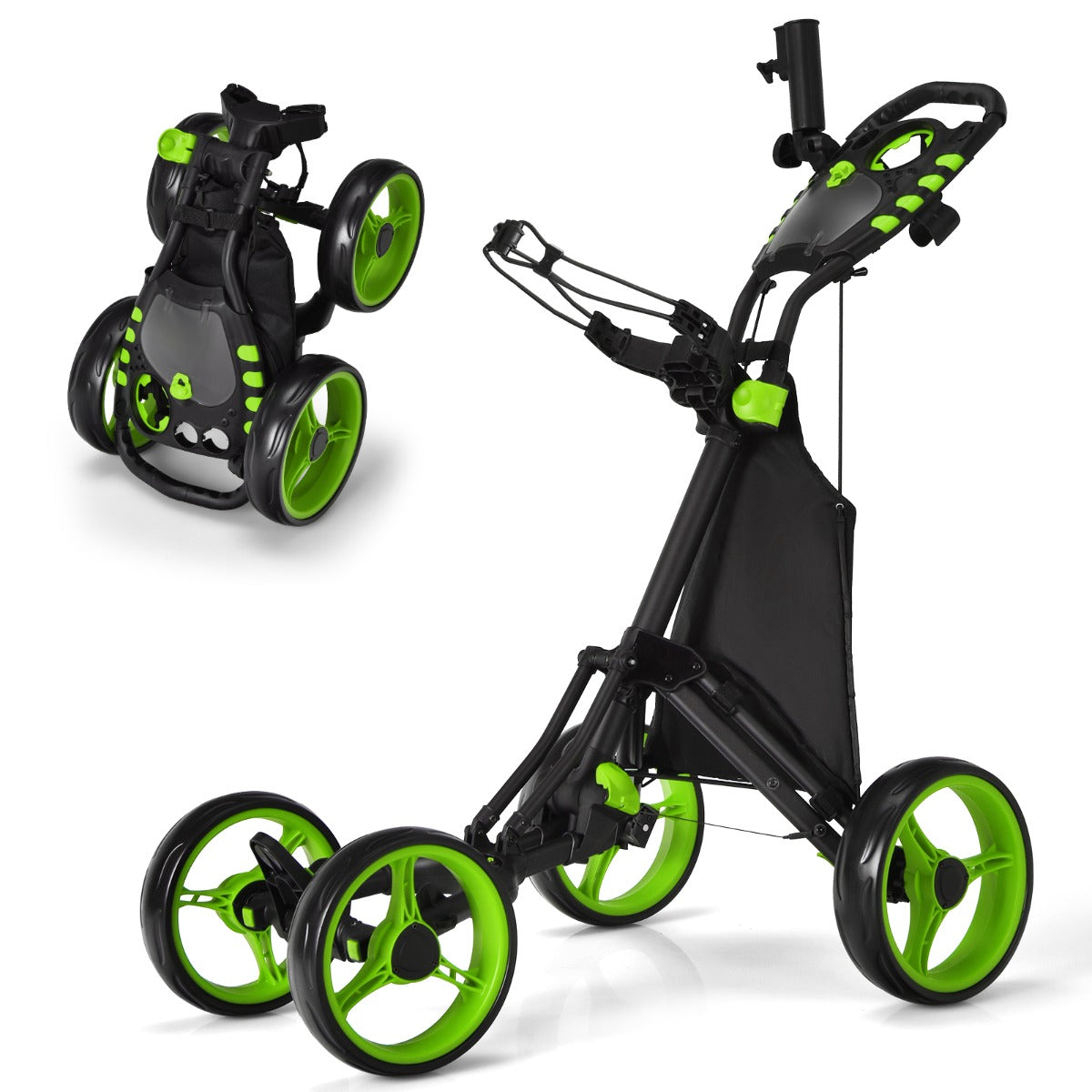 Carro de Golfe de Empurrar Dobrável Leve de 4 Rodas com Saco Impermeável e Travão de Pé Suporte para Guarda-Chuva Ajustável e Copo-Verde