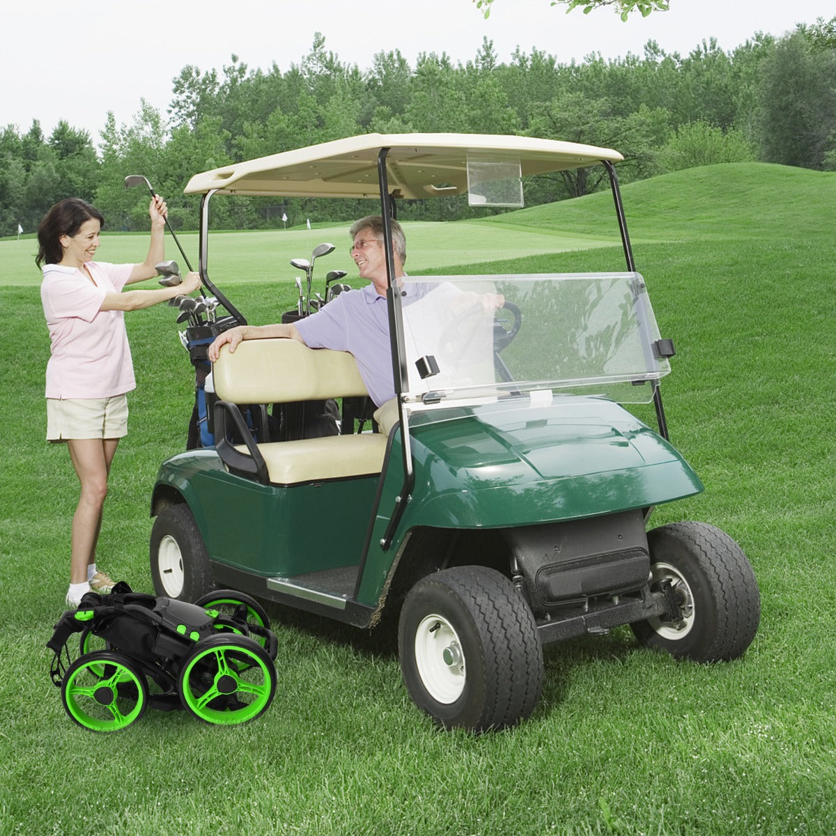 Carro de Golfe de Empurrar Dobrável Leve de 4 Rodas com Saco Impermeável e Travão de Pé Suporte para Guarda-Chuva Ajustável e Copo-Verde