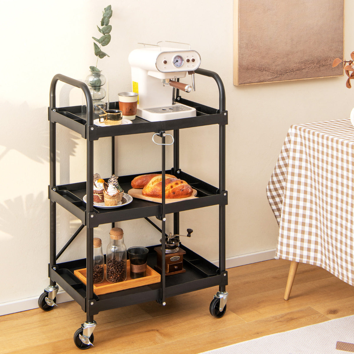 Carro de Ferramentas Dobrável de 3 Níveis com Rodas e Pega Organizador Móvel para Armazém Oficina Garagem 61 x 44 x 96 cm Preto