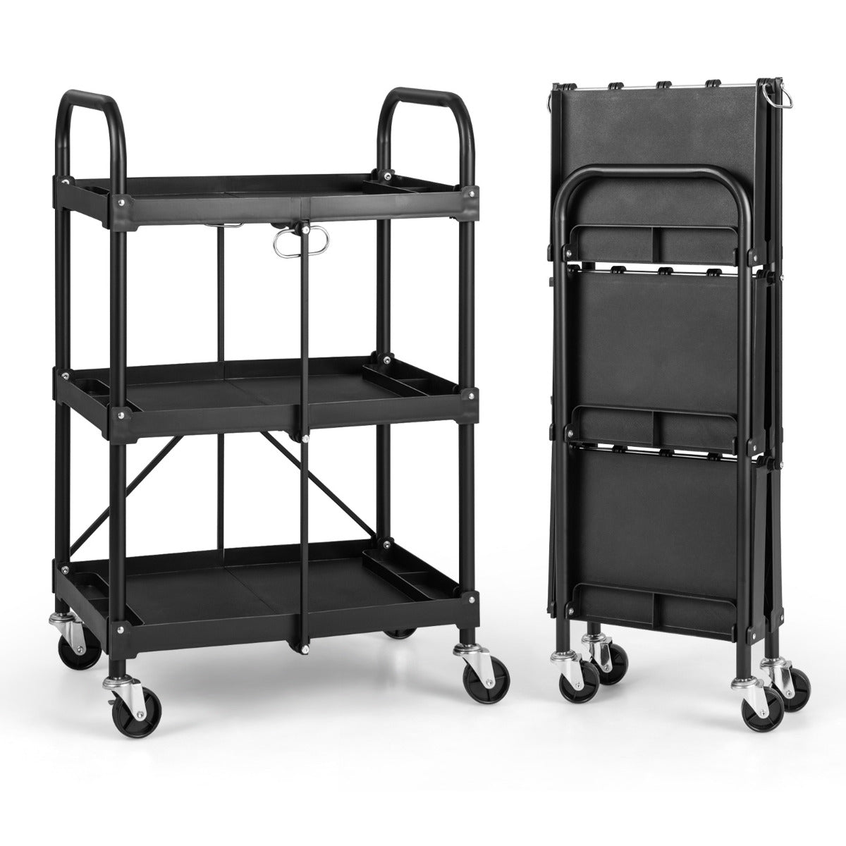 Carro de Ferramentas Dobrável de 3 Níveis com Rodas e Pega Organizador Móvel para Armazém Oficina Garagem 61 x 44 x 96 cm Preto